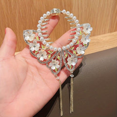 Glitter Chain Tassel Hair Claw Clip Butterfly Shape Faux Pearl Flower Hair Clip
