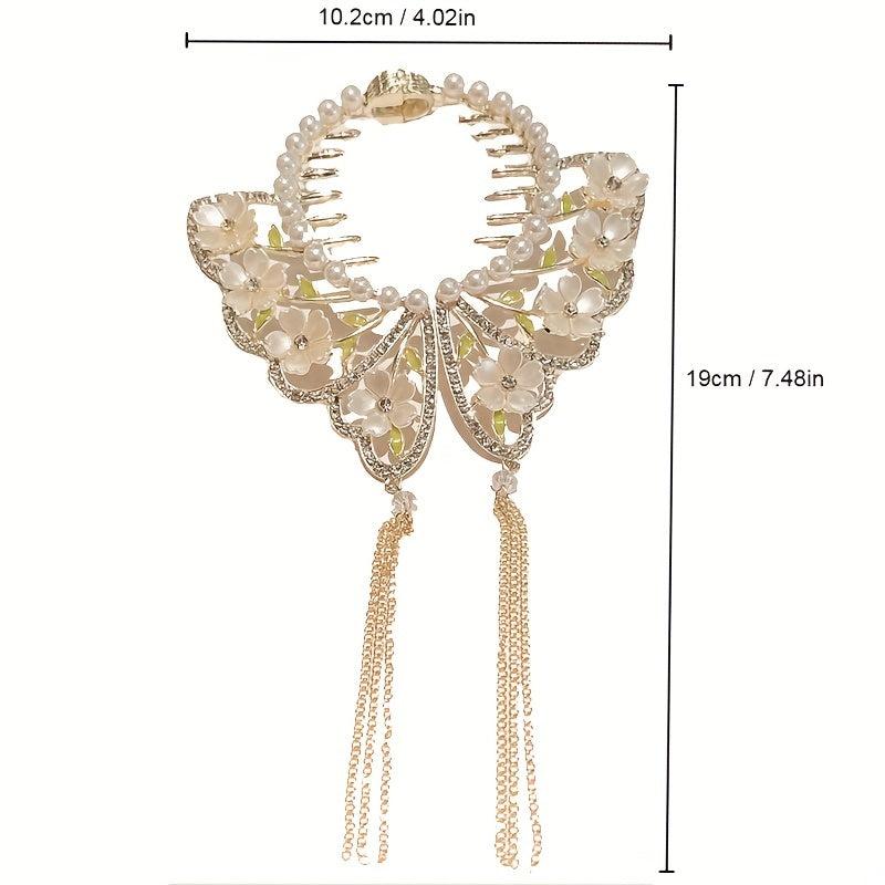 Glitter Chain Tassel Hair Claw Clip Butterfly Shape Faux Pearl Flower Hair Clip