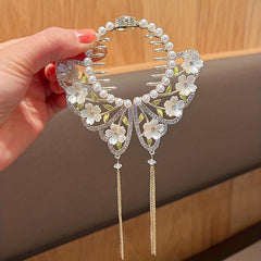 Glitter Chain Tassel Hair Claw Clip Butterfly Shape Faux Pearl Flower Hair Clip