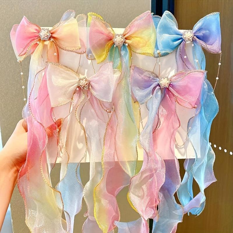 Colorful Bow Ribbon Faux Pearl Chain Hair Clip Princess Lace Barrettes
