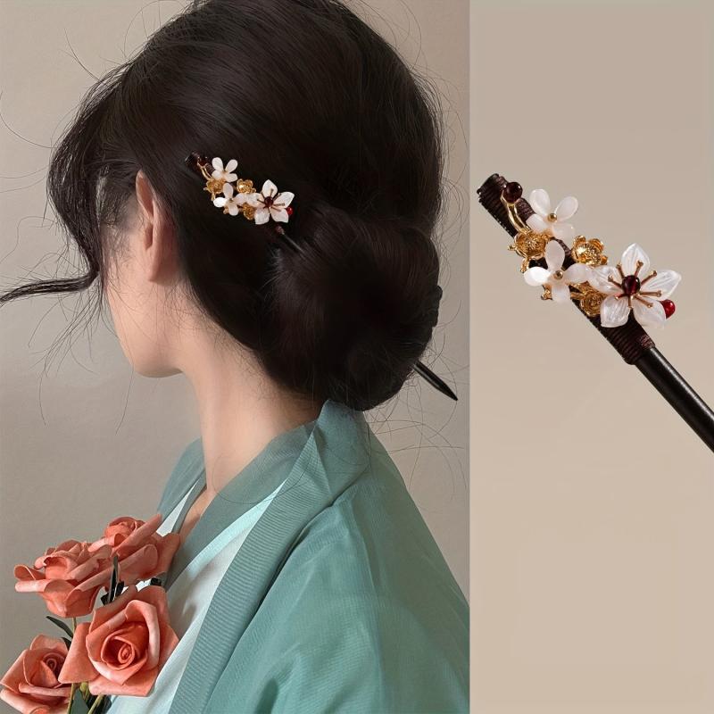 Flower Hairpin Wooden Hair Stick Ponytail Holder Hair Accessories