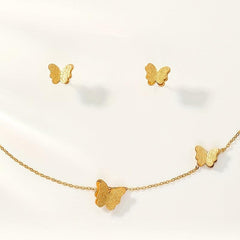 3pcs Golden Butterfly Necklace And Earrings Set Retro Jewelry For Women