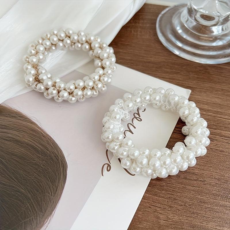 3pcs Faux Pearl Scrunchies Hair Tie Elastic Ponytail Holder