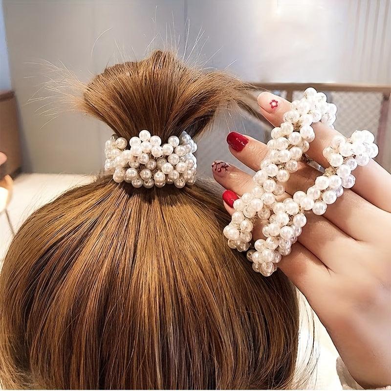 3pcs Faux Pearl Scrunchies Hair Tie Elastic Ponytail Holder
