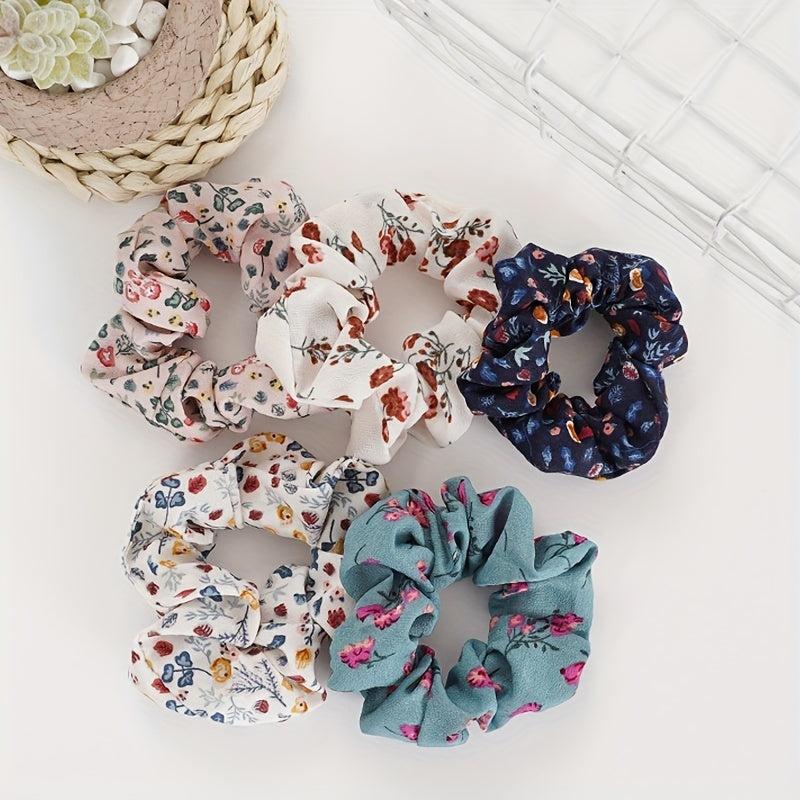 5pcs Floral Print Hair Rope Ponytail Holder Hair Accessories