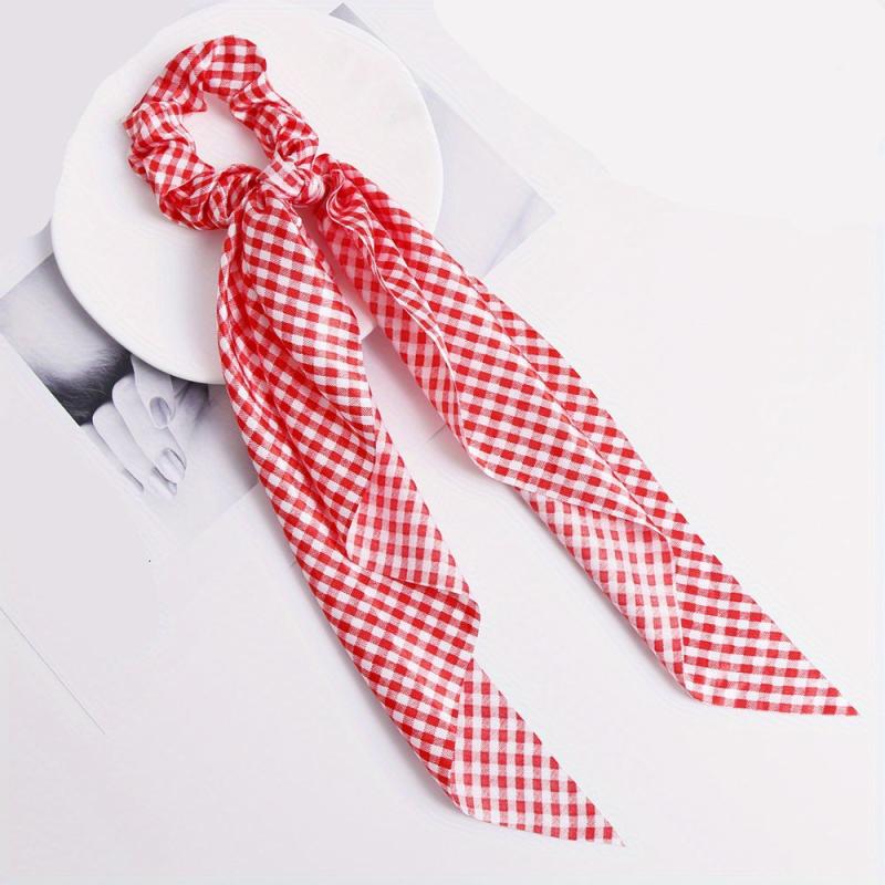 Vintage French Hair Tie Streamer Large Scrunchie Bow Hair Ring Plaid Head Rope
