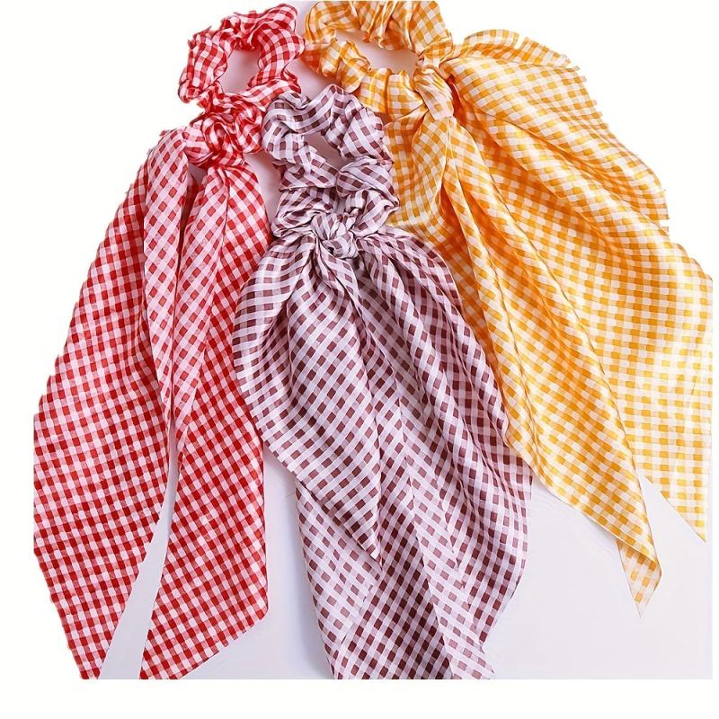 Vintage French Hair Tie Streamer Large Scrunchie Bow Hair Ring Plaid Head Rope