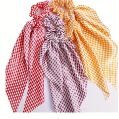 Vintage French Hair Tie Streamer Large Scrunchie Bow Hair Ring Plaid Head Rope