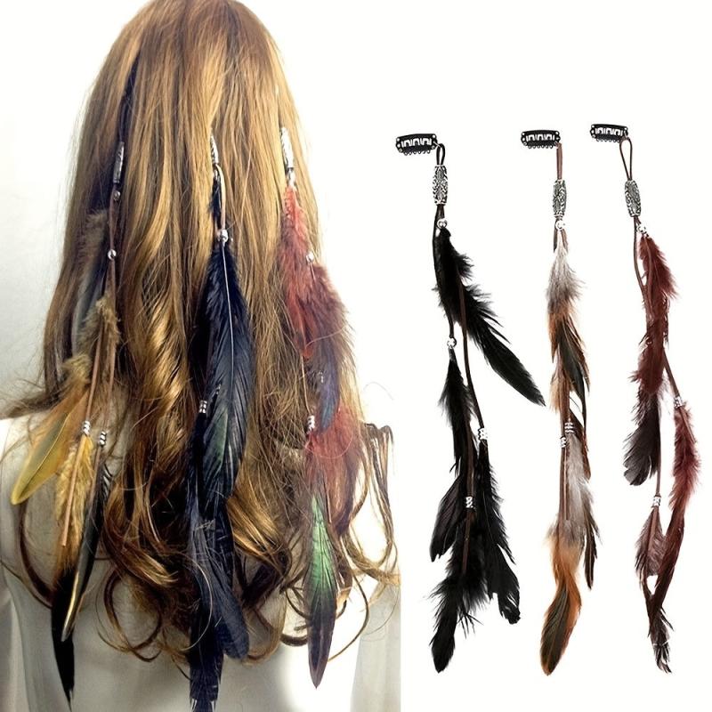 Boho Style Faux Feather Snap Clip Tassel Hair Clip Beaded Headdress