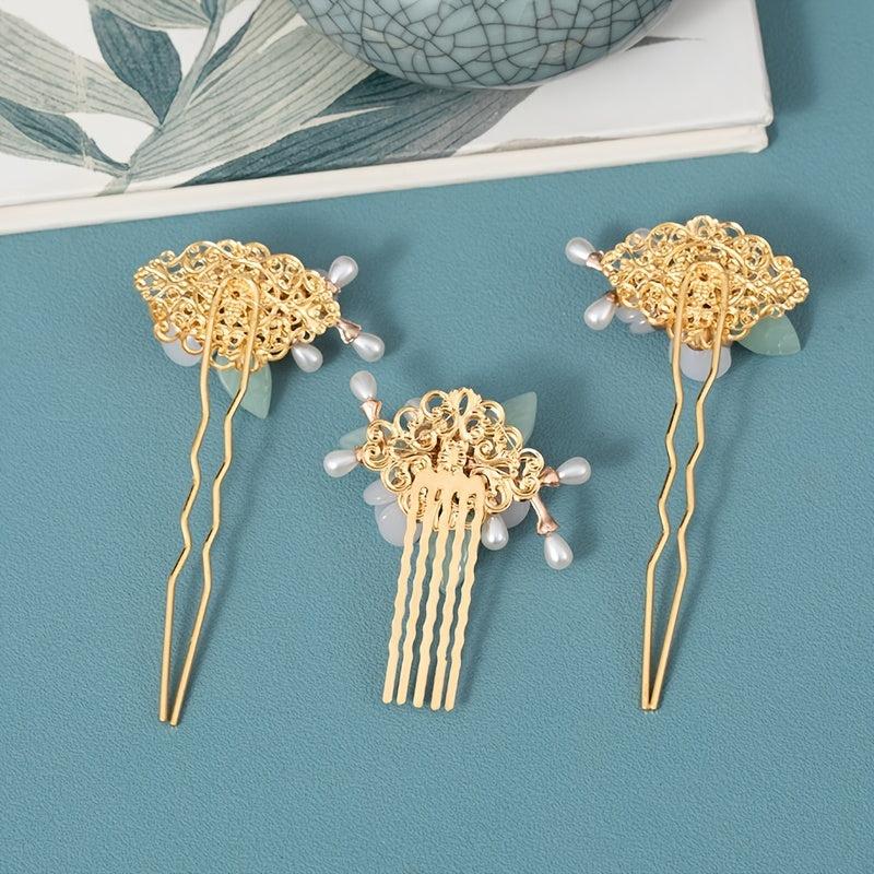 Vintage Faux Pearl Flower Hair Clip U Shaped Hairpin