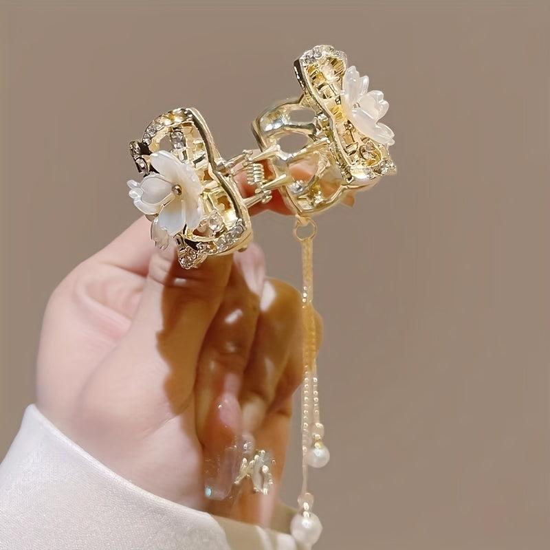 Rhinestone Flower Hair Claw with Faux Pearl Tassel Ponytail Claw Pendant
