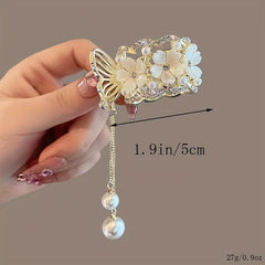 Rhinestone Flower Hair Claw with Faux Pearl Tassel Ponytail Claw Pendant