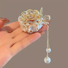 Rhinestone Flower Hair Claw with Faux Pearl Tassel Ponytail Claw Pendant