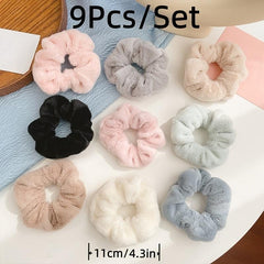 Faux Fur Scrunchies Pom Hair Elastics 9pcs
