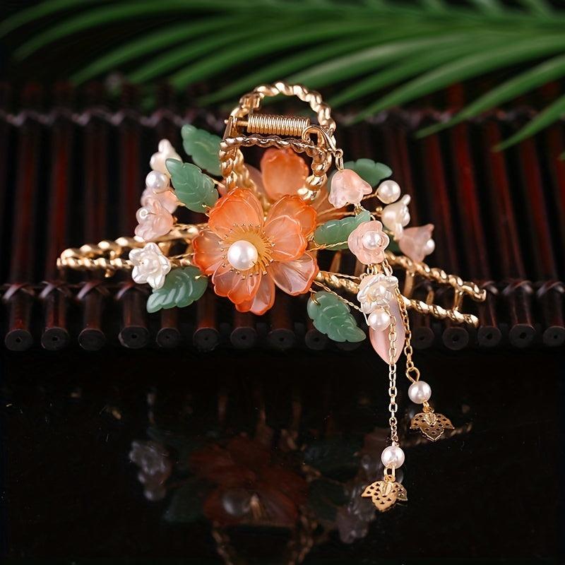 Flower Hair Claw Shark Claw Resin Flower Faux Pearl Hair Clip