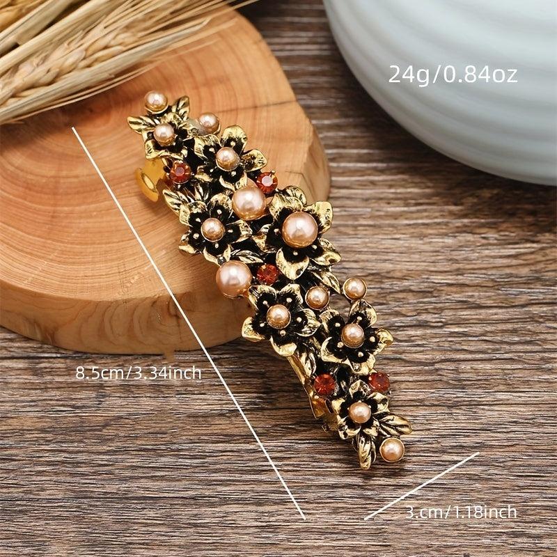 Vintage Metal Flower Hair Clip French Barrette with Faux Pearls