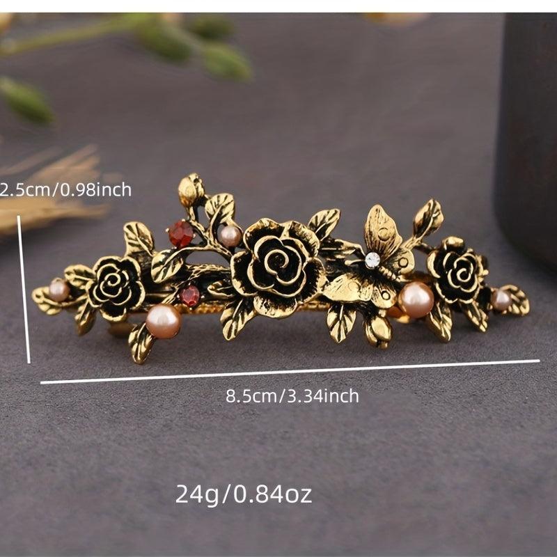 Vintage Metal Flower Hair Clip French Barrette with Faux Pearls