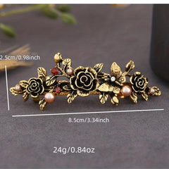 Vintage Metal Flower Hair Clip French Barrette with Faux Pearls