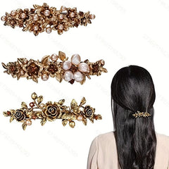 Vintage Metal Flower Hair Clip French Barrette with Faux Pearls
