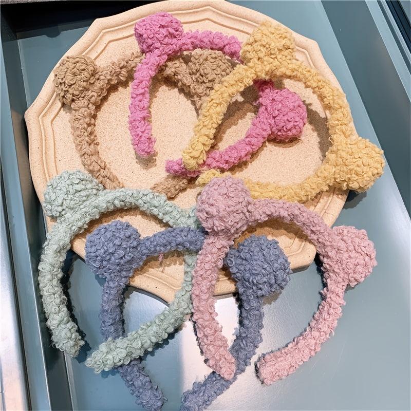 Women Girls Winter Bear Ears Headband Solid Curly Faux Fleece Pompom Hair Hoop