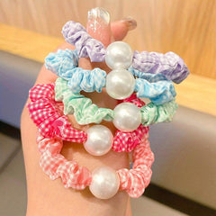 5pcs Floral Faux Pearl Fabric Scrunchie Hair Tie Girls Hair Rope Head Decoration