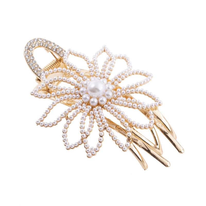 Flower Duckbill Clip Faux Pearl Hair Barrette Crystal Ponytail Hair Pins