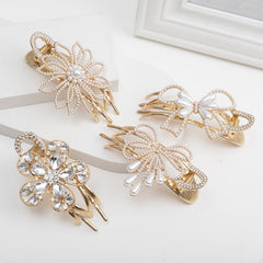 Flower Duckbill Clip Faux Pearl Hair Barrette Crystal Ponytail Hair Pins