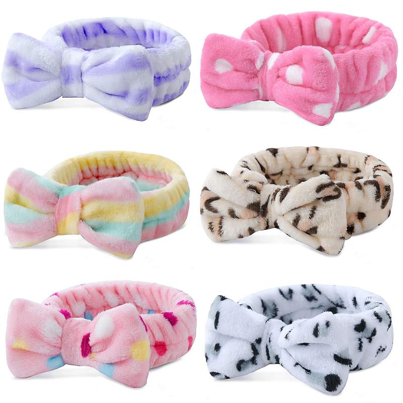 6pcs Spa Headband Bow Hair Band Women Soft Coral Fleece Bowknot Head Wraps