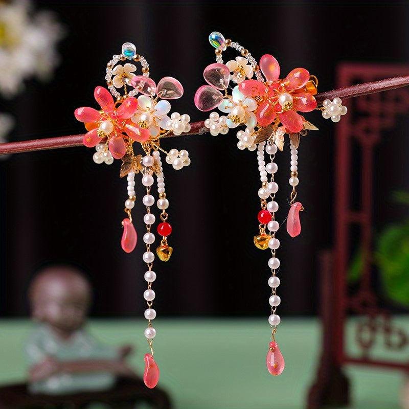 Red Floral Hair Clips Crystal Tassel Hairpin Festive Accessories