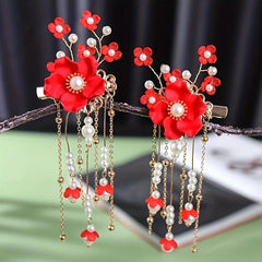 Red Floral Hair Clips Crystal Tassel Hairpin Festive Accessories