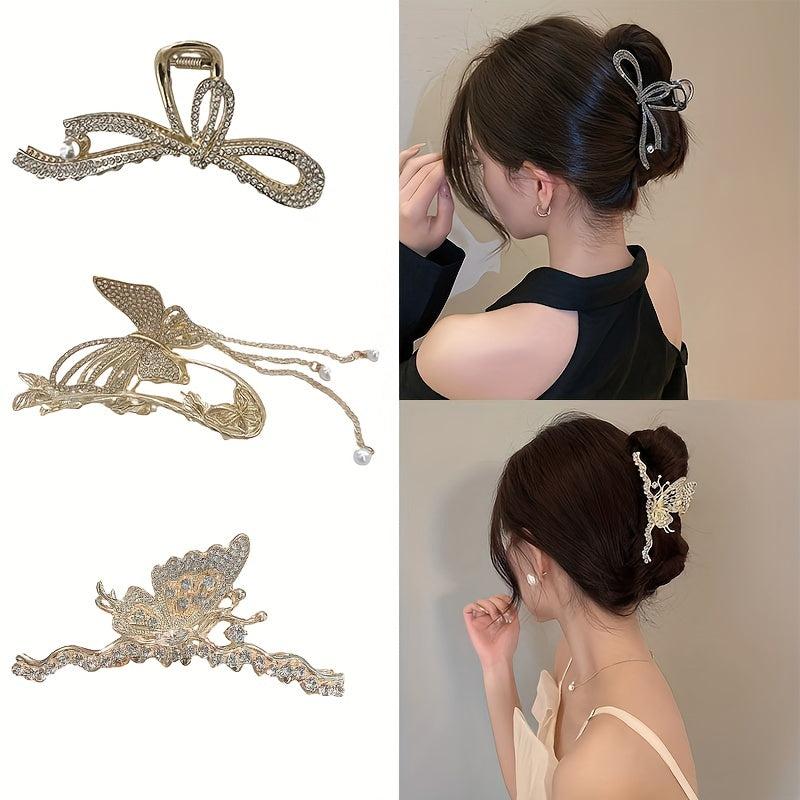 3pcs Rhinestone Butterfly Hair Claw for Women Girls