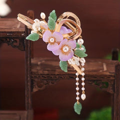 Large Flower Hair Claw Retro Shark Claw Inlaid Faux Pearl Ponytail Holder