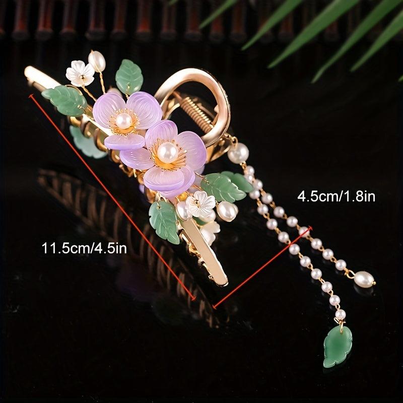 Large Flower Hair Claw Retro Shark Claw Inlaid Faux Pearl Ponytail Holder