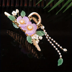 Large Flower Hair Claw Retro Shark Claw Inlaid Faux Pearl Ponytail Holder
