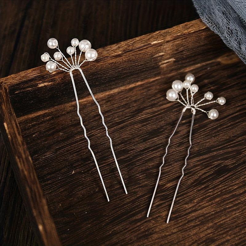 6pcs Faux Pearl Hair Pin U-shaped Hair Fork For Chignon Bun Maker
