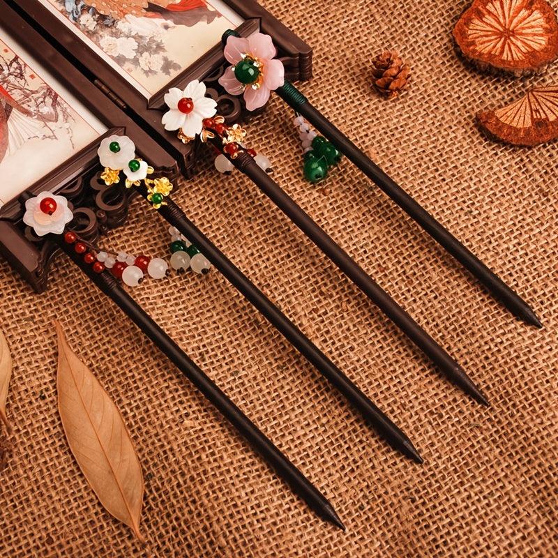 Vintage Chinese Style Hanfu Hairpin Bead Flower Wooden Chignon