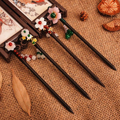 Vintage Chinese Style Hanfu Hairpin Bead Flower Wooden Chignon