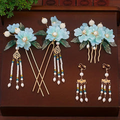 Faux Pearl Flower Hair Comb & Earrings Set