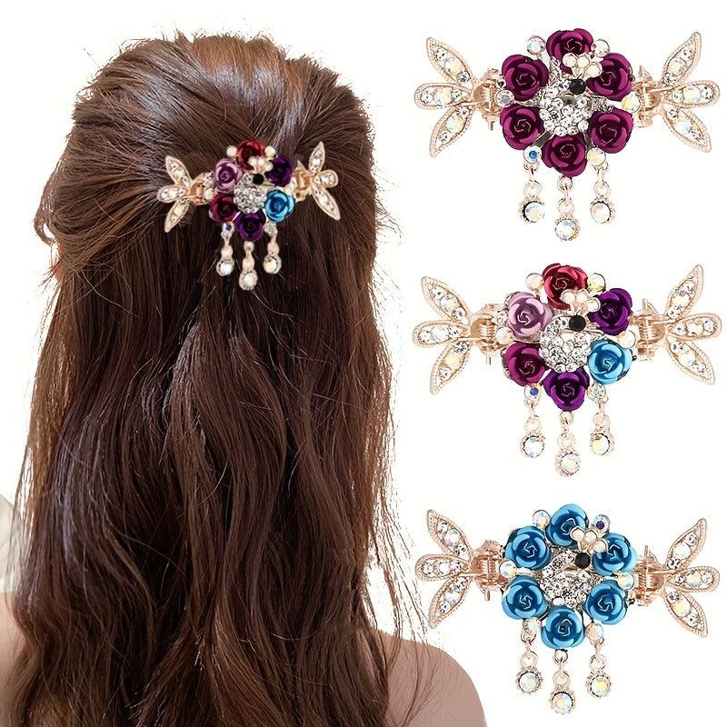 Rose Rhinestone Tassel Hair Clip Mixed Colors Girls Hairpins Clamps Crab