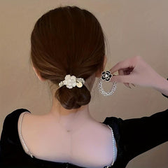 Faux Pearl Hair Tie Camellia Floral Hair Rope for Women Girls
