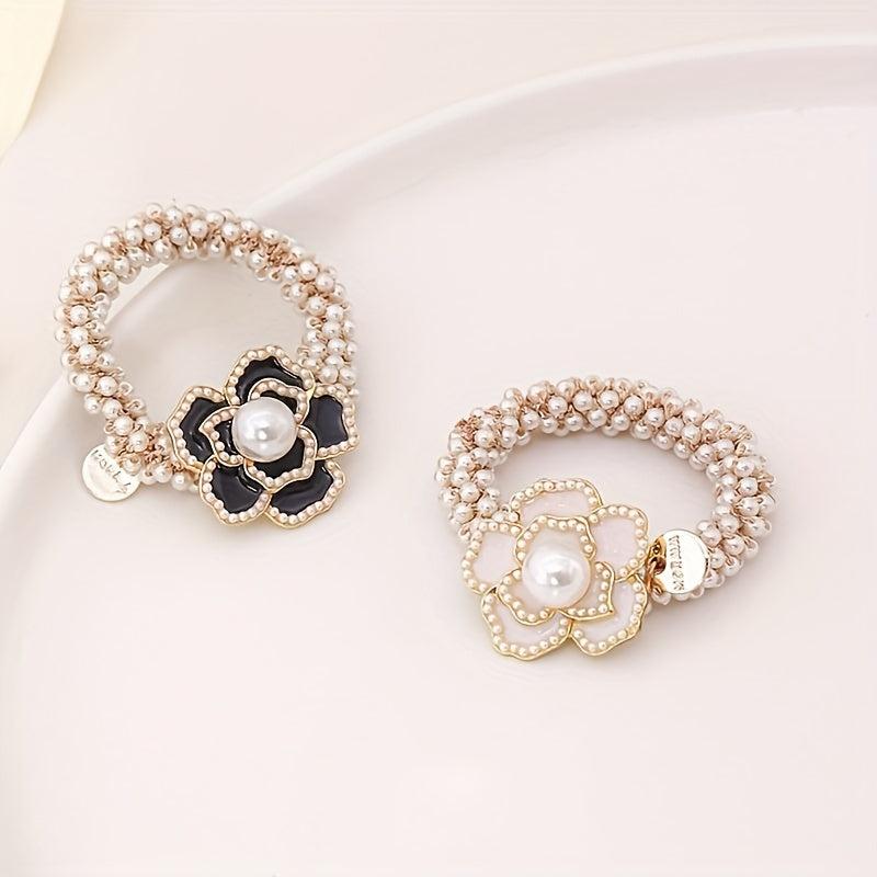 Faux Pearl Hair Tie Camellia Floral Hair Rope for Women Girls