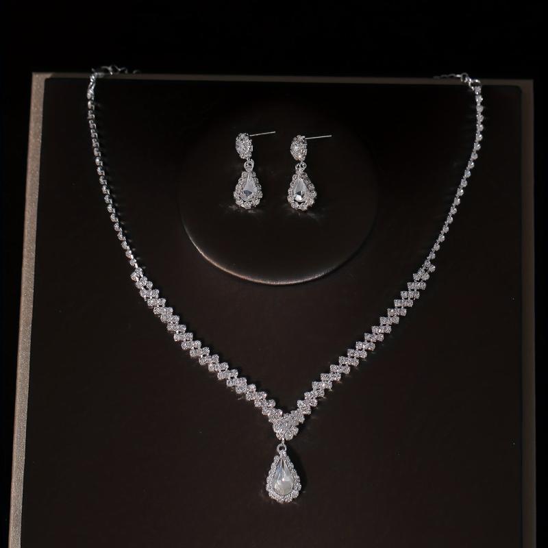 3pcs Crystal Bridal Crown Necklace Earrings Set