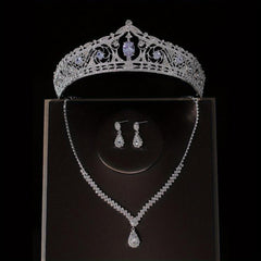 3pcs Crystal Bridal Crown Necklace Earrings Set