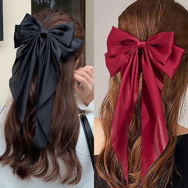 Large Red Hair Bow Silk Stain Hair Barrettes For Women