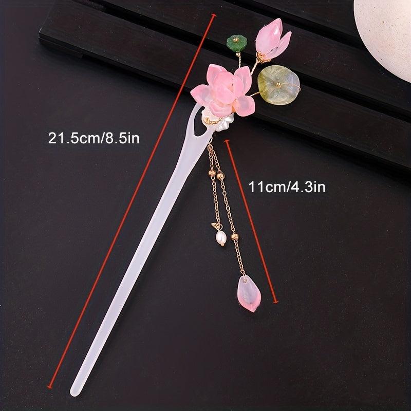 Chinese Style Flower Hairpin with Tassel Ponytail Holder