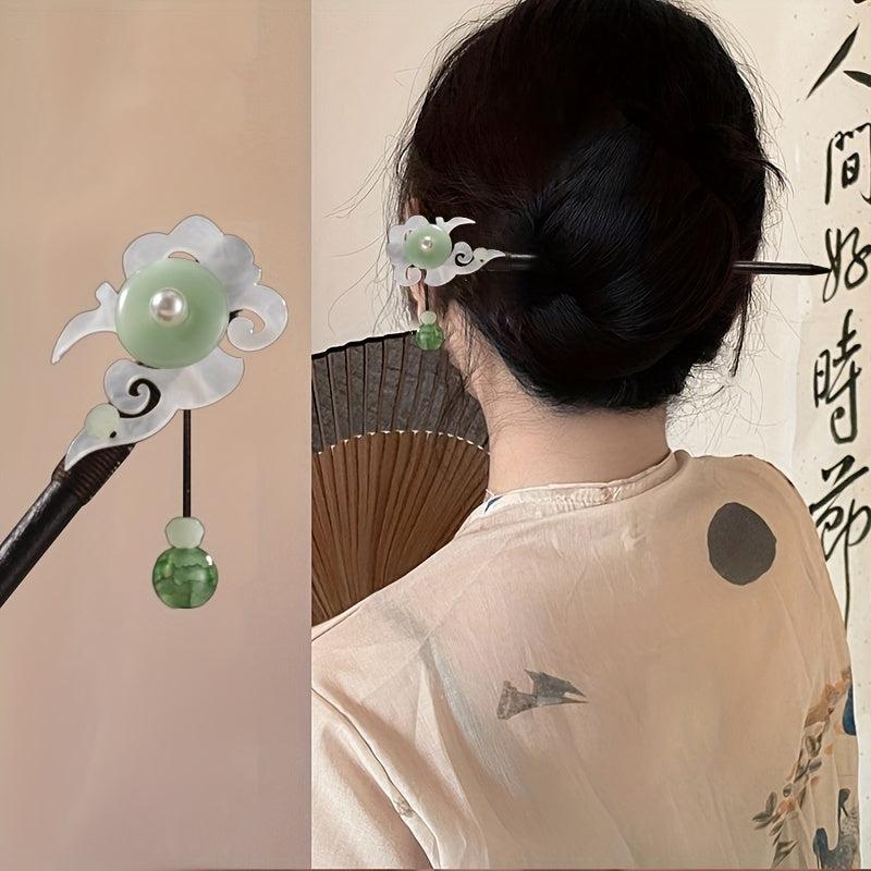 Vintage Faux Jade Hairpin Wooden Hair Stick Hair Accessory