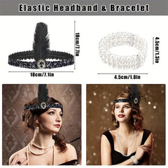 Flapper Accessories Set Feather Headband Gloves Necklace Earrings Fan