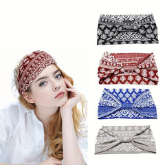 4pcs Boho Paisley Print Headband Stretchy Headdress Criss Cross Hair Band