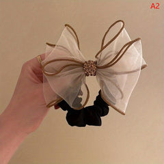 Mesh Bow Hair Ring Rhinestone Bow Ponytail Hair Rope Women's Hair Accessories
