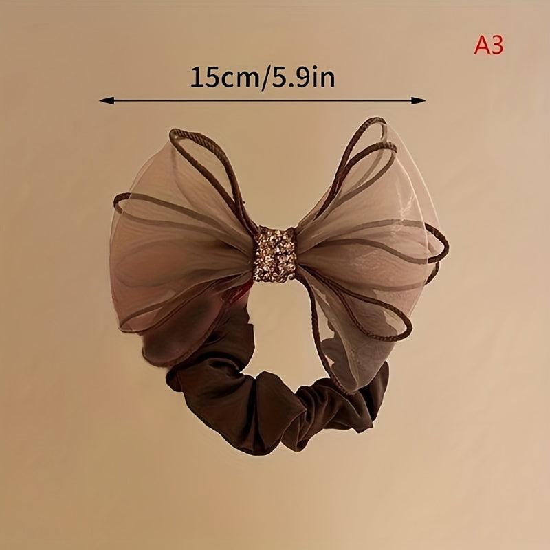 Mesh Bow Hair Ring Rhinestone Bow Ponytail Hair Rope Women's Hair Accessories